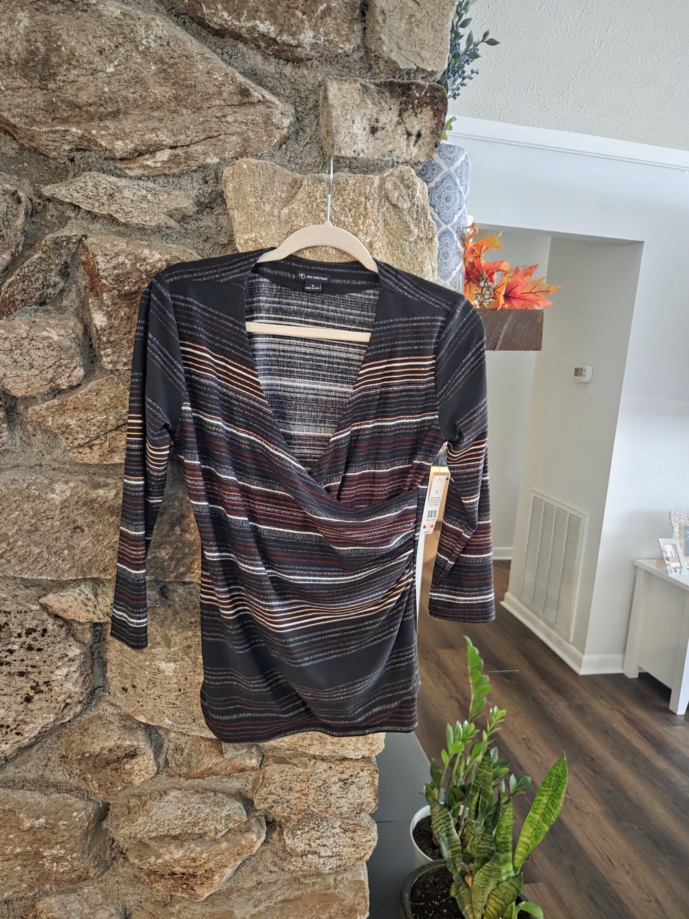 new directions Black Striped Surplice Long Sleeve Top